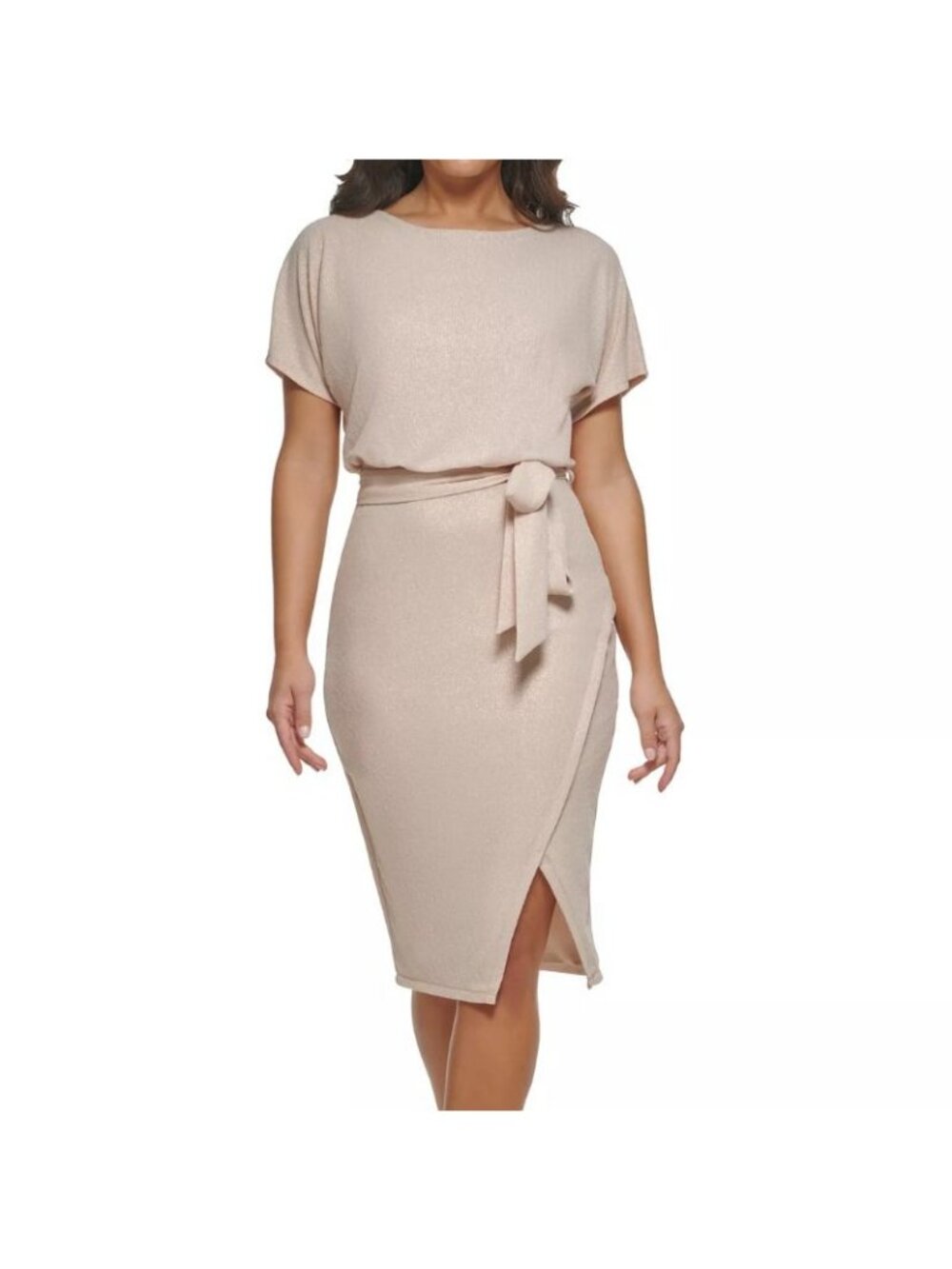 NWT Kensie Womens Tan Crepe Shimmer Boat Neck Faux Wrap Blouson Dress Size 12